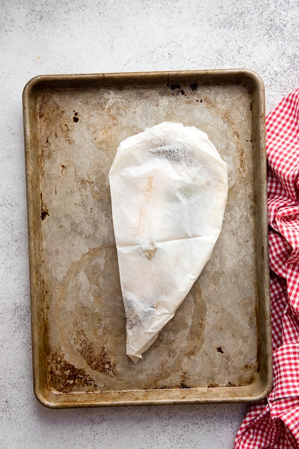 Rainbow Trout with Salsa Verde Sauce cooked in parchment 