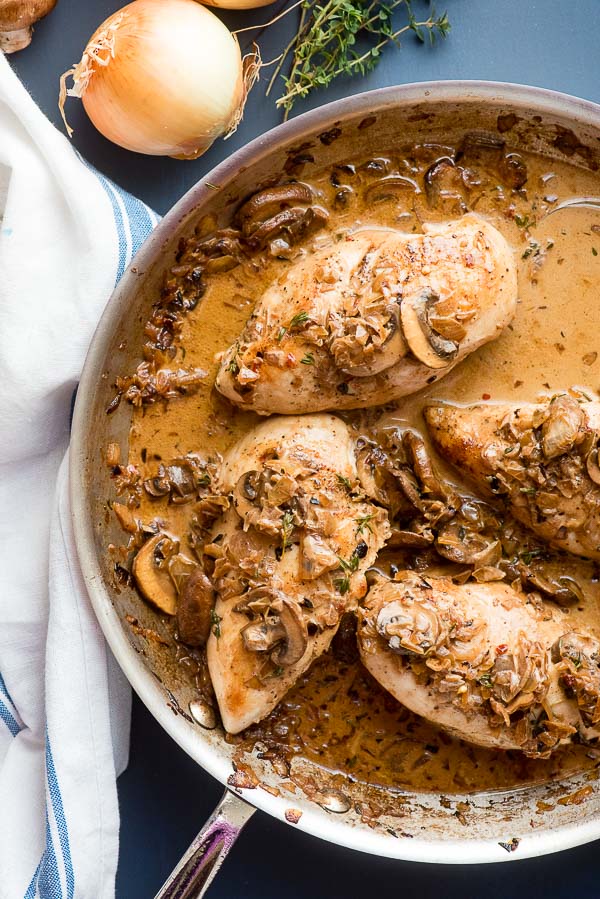 Balsamic Chicken Breasts with Creamy Mushroom Sauce in a large metal skillet