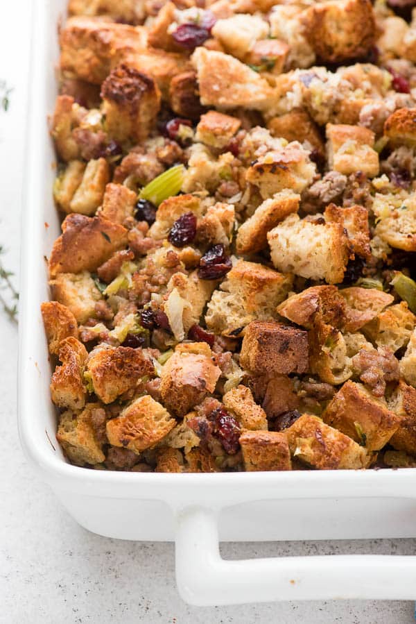 English Muffin Sausage Dressing in a white baking pan 