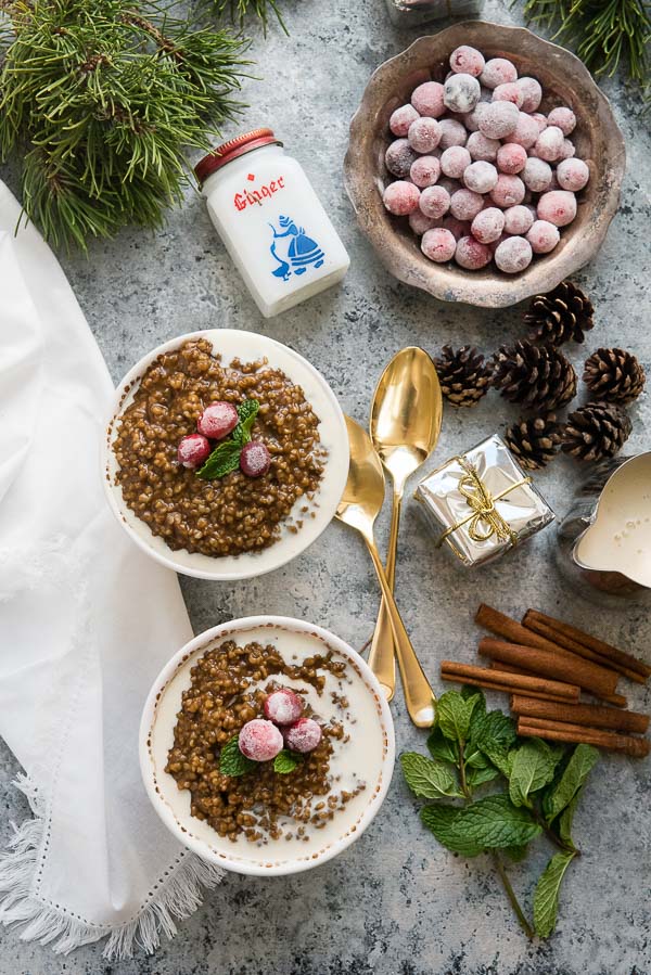 Instant Pot Gingerbread Steel-Cut Oats recipe with eggnog drizzle