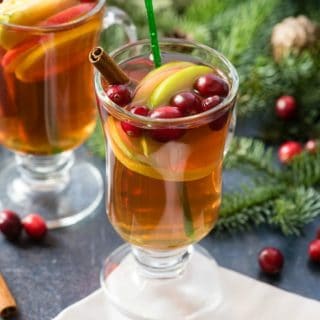 Cranberry Apple Hot Toddy cocktail with apple slices, cinnamon stick and cranberries in a glass mug
