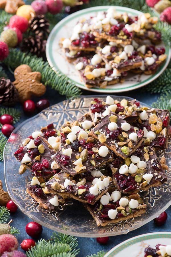 Large plate of Christmas Crack cracker toffee