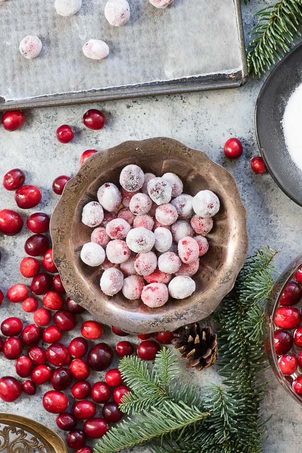 sugared cranberries in a silver bowl