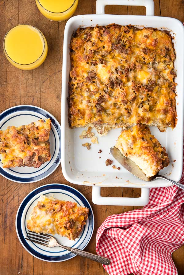 Easy cheesy Two servings cheesy Overnight Gluten-Free English Muffin Breakfast Casserole with orange juice