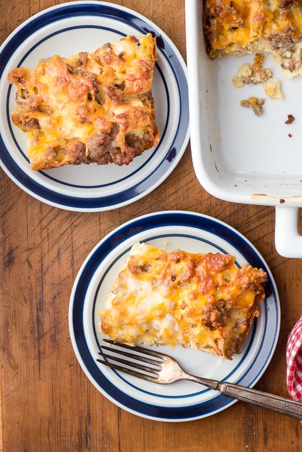 Two servings cheesy Overnight Gluten-Free English Muffin Breakfast Casserole 