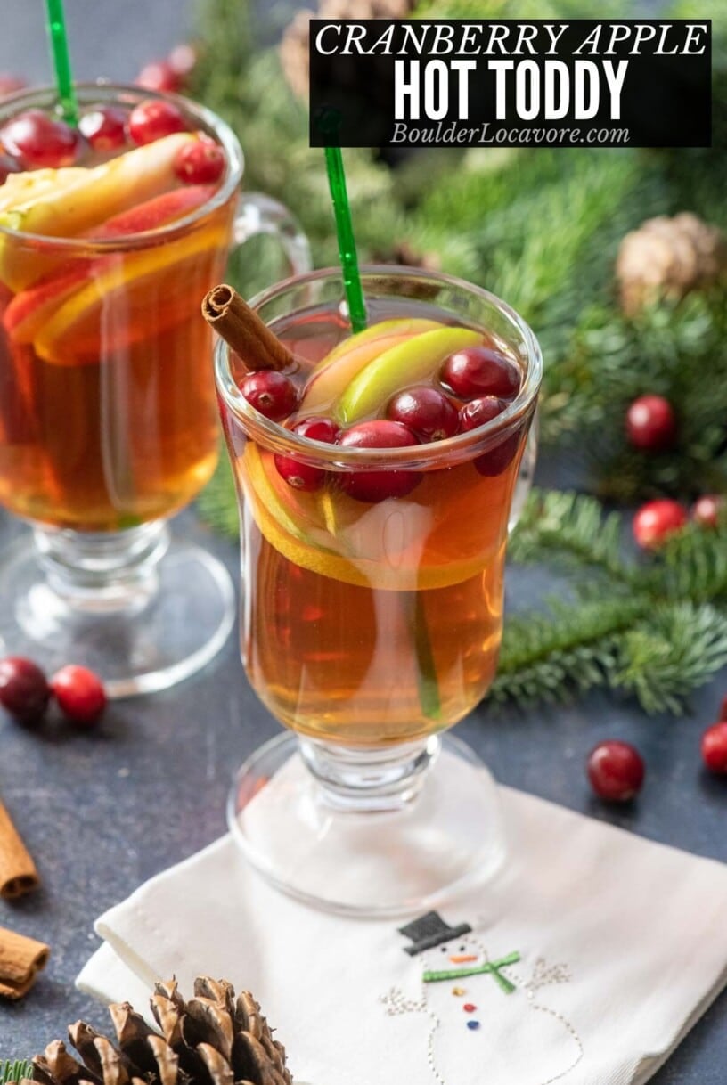 cranberry apple hot toddy in glass mugs with garnish.