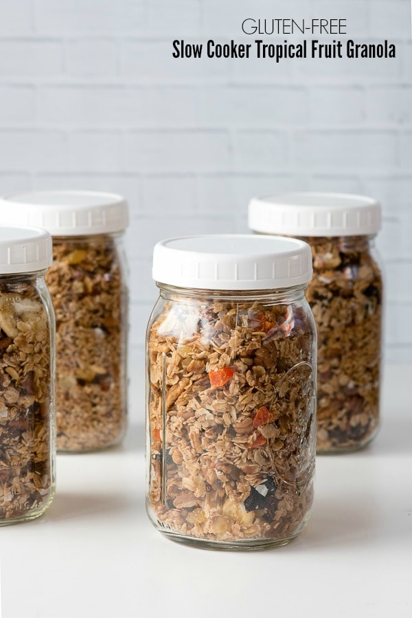 Gluten-free Slow Cooker Tropical Fruit Granola in jars