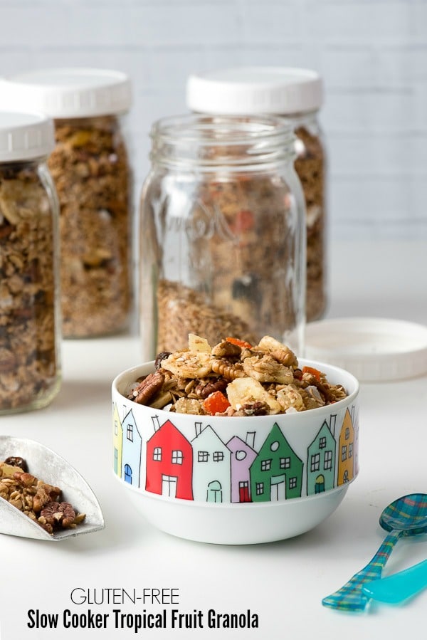 Gluten-free Slow Cooker Tropical Fruit Granola. Crisp (but not hard) homey granola with nuts, seeds and soft pieces of dried tropical fruits. Perfect for breakfast, sprinkling on yogurt or ice cream and more. Gluten option included. - BoulderLocavore.com
