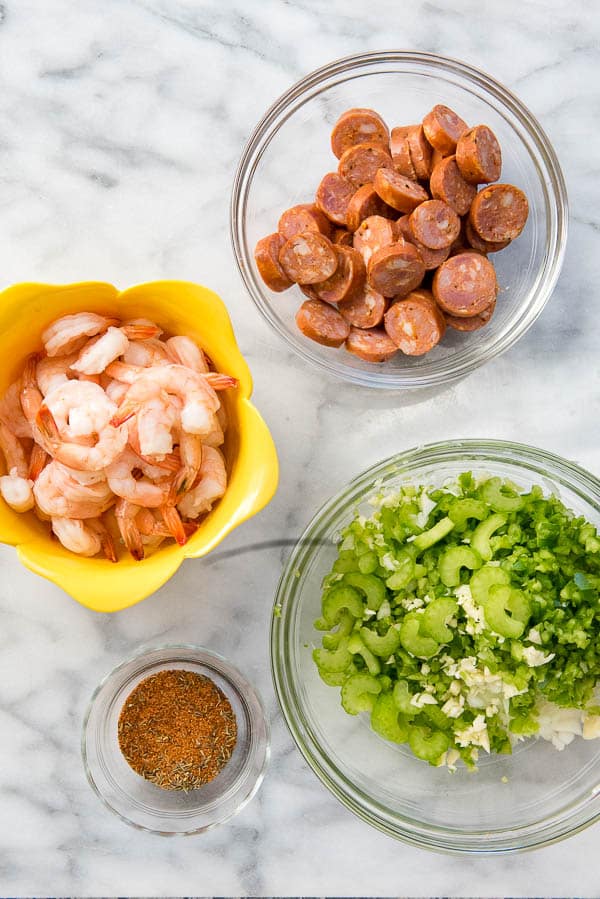 Shrimp,andouille sausage, bell pepper and cajun seasonings for Instant Pot Jambalaya