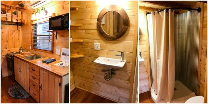 the Hobbit House bathroom, shower stall and kitchen 