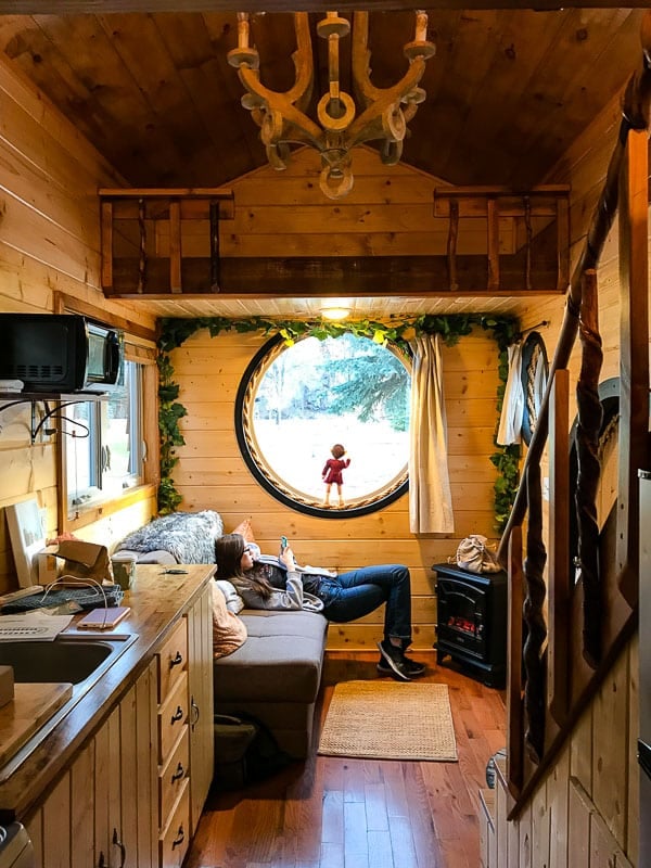 Inside of the Hobbit House Tiny House with wooden interior