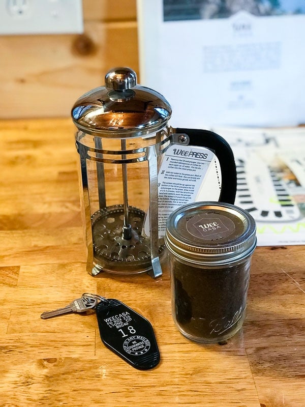 French coffee press and coffee grounds at WeeCasa Resort Lyons CO