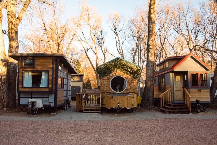 Three Tiny Houses at WeeCasa Resort at dawn