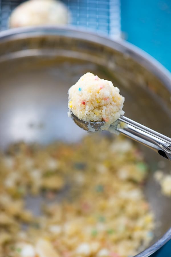 Scoop of gluten-free Cake Mix Funfetti Cookies (dough)