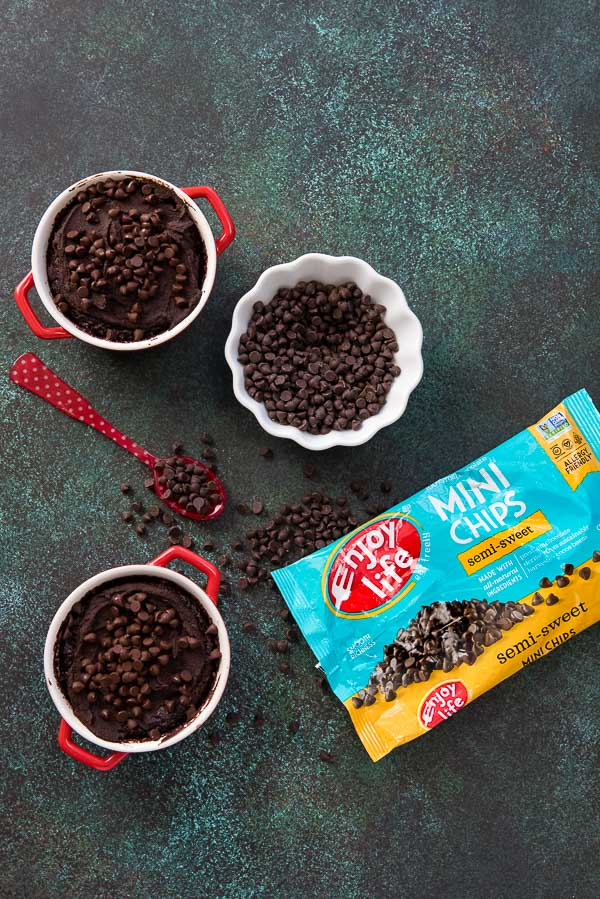 Rich Chocolate Cherry Brownie Pots in mini cocottes with Enjoy Life Foods allergy-friendly mini chocolate chips