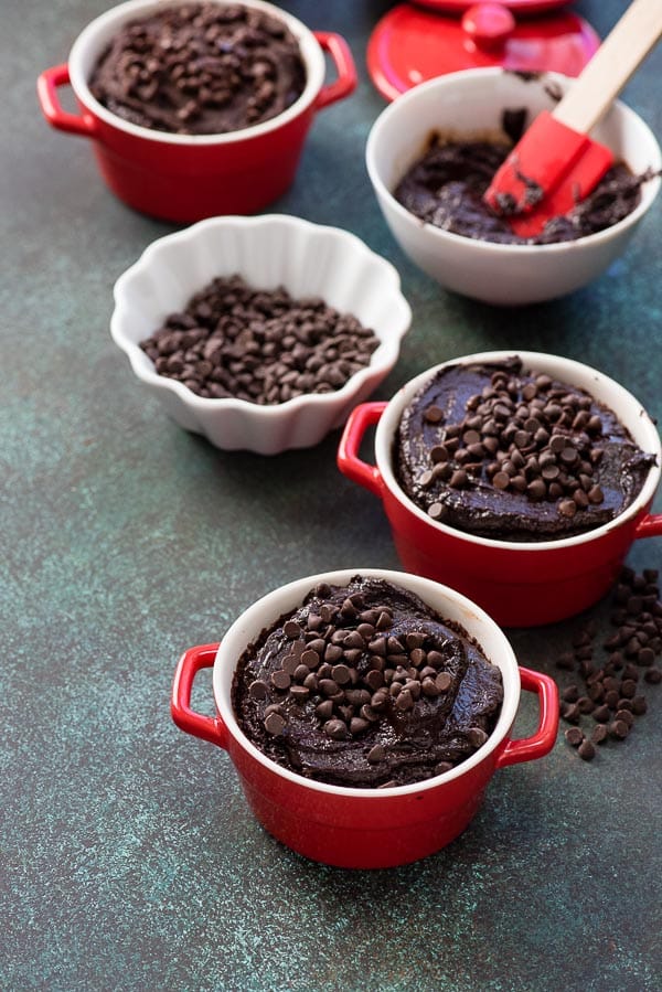  Individual Rich Chocolate Cherry Brownie Pots topped with chocolate ganache and mini chocolate chips