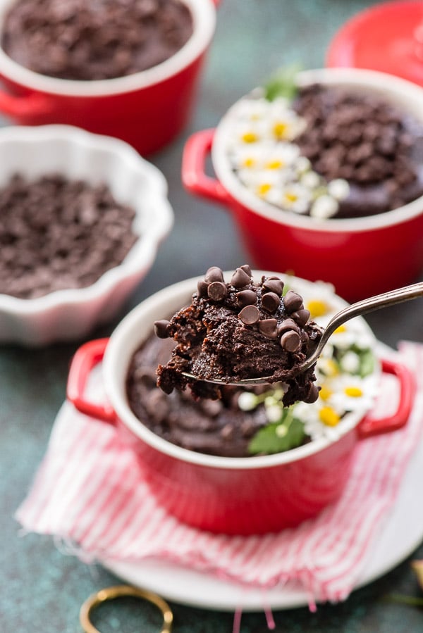 Moist spoonful of Rich Chocolate Cherry Brownie Pots with mini chocolate chips on top
