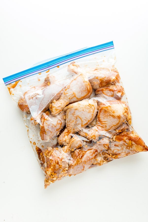 Gallon plastic bag of marinating ginger soy chicken legs for the Instant Pot