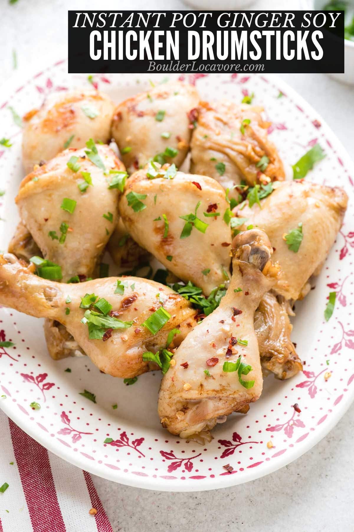 instant pot chicken drumsticks on a vintage platter