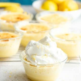 Individual Baked Lemon Custard with Sponge Cake Tops and whipped cream