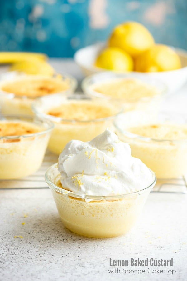 Individual Baked Lemon Custard with Sponge Cake Tops and whipped cream