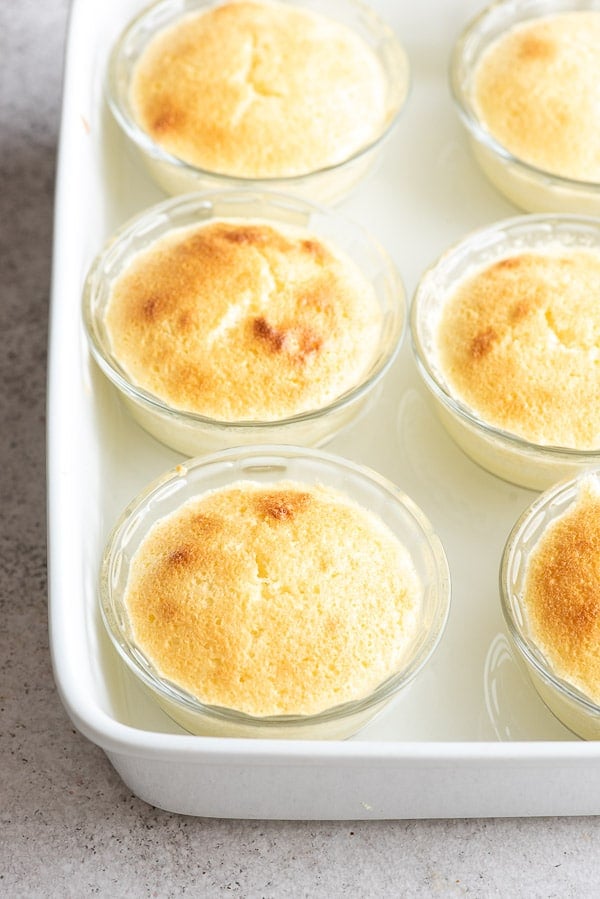 Individual Lemon Baked Custard with Sponge Cake Top in a water bath