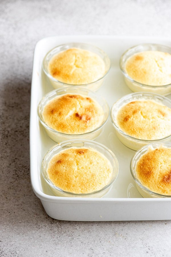 Individual lemon baked custard in water bath