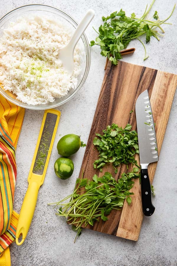 Instant Pot Long Grain White Rice, chopped cilantro, limes with zester