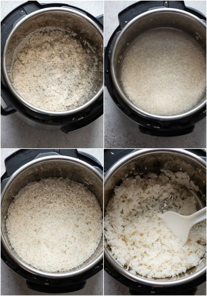 Four photos of cooking Instant Pot Long Grain White Rice