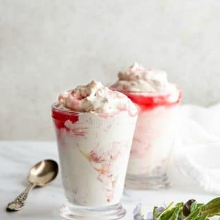 Creamy Rhubarb Fool dessert in clear glasses with fresh mint