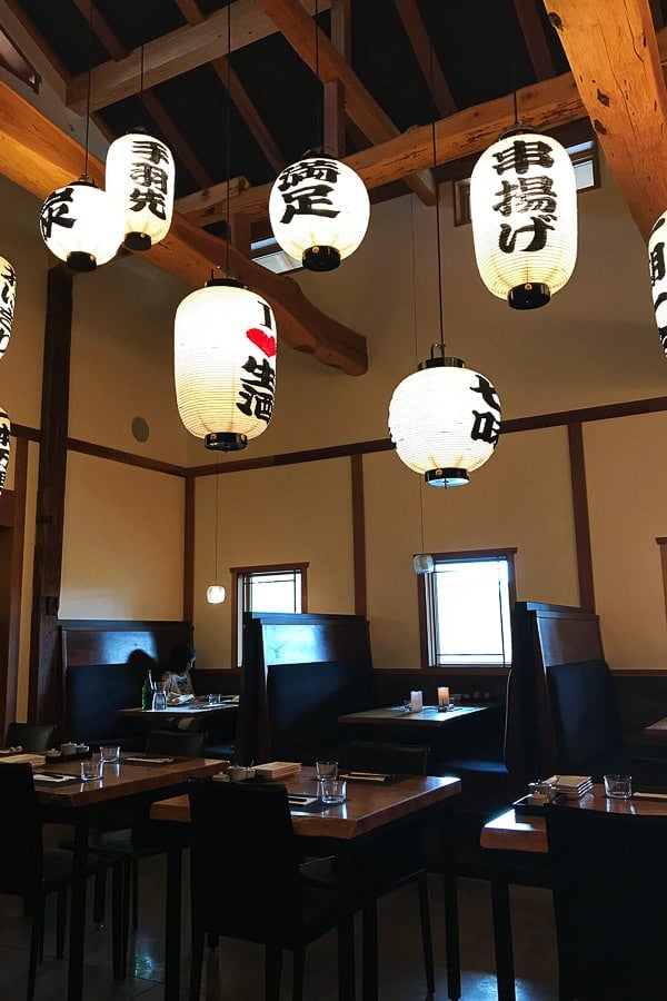 Izanami Restaurant at Ten Thousand Waves Santa Fe NM - wooden tables and Japanese lanterns hanging from the ceiling