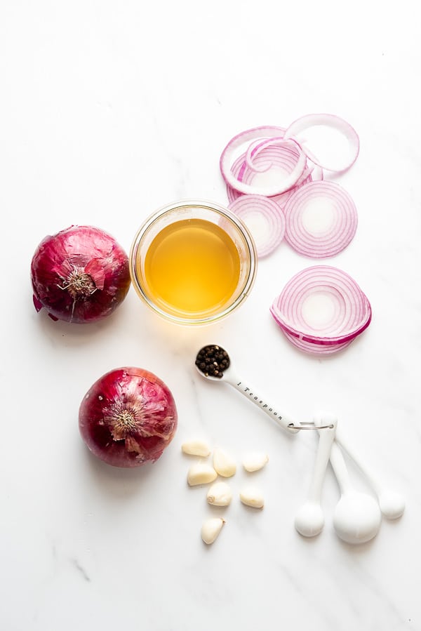 overhead view of ingredients for quick picked red onion recipe