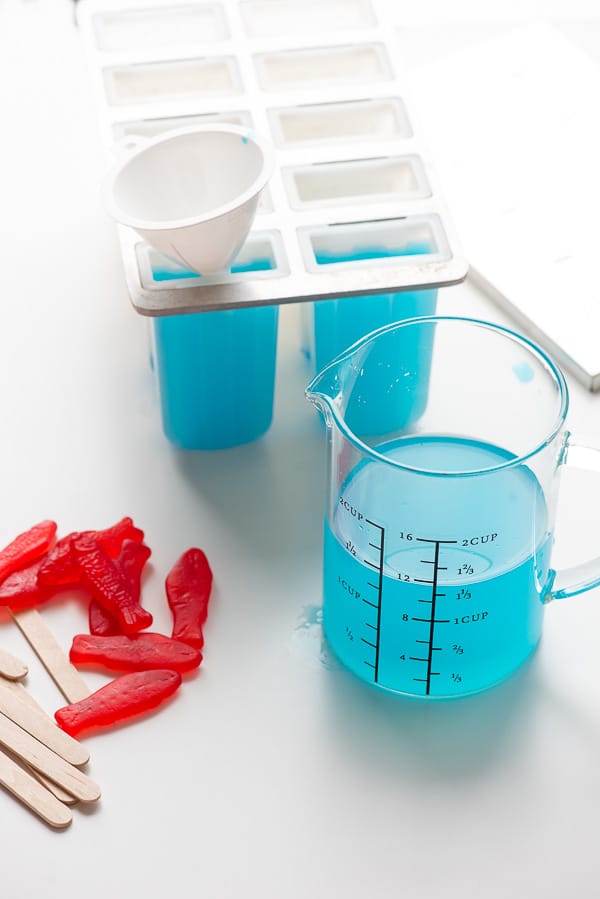 Blue Hawaiian Punch in popsicle mold for Blue Lagoon Cocktail popsicles