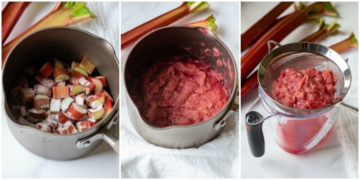 Steps to make homemade rhubarb puree for rhubarb vokda cocktail