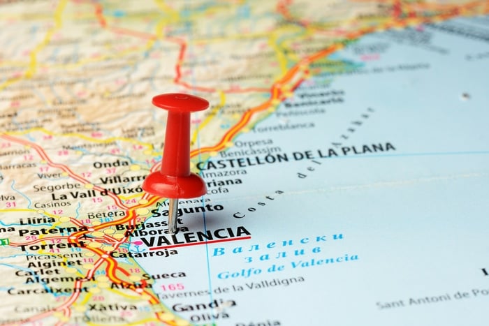 push pin in a map of Spain