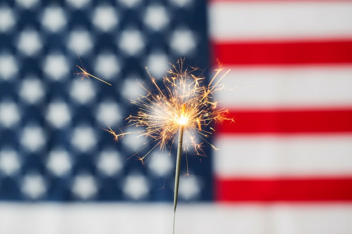 Fourth of July sparkler in front of American Flag