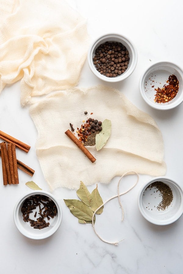 spices for homemade ketchup on cheesecloth