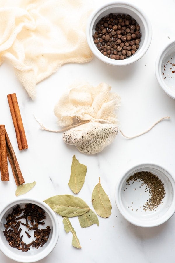 cheesecloth spice packet tied with twine for homemade ketchup