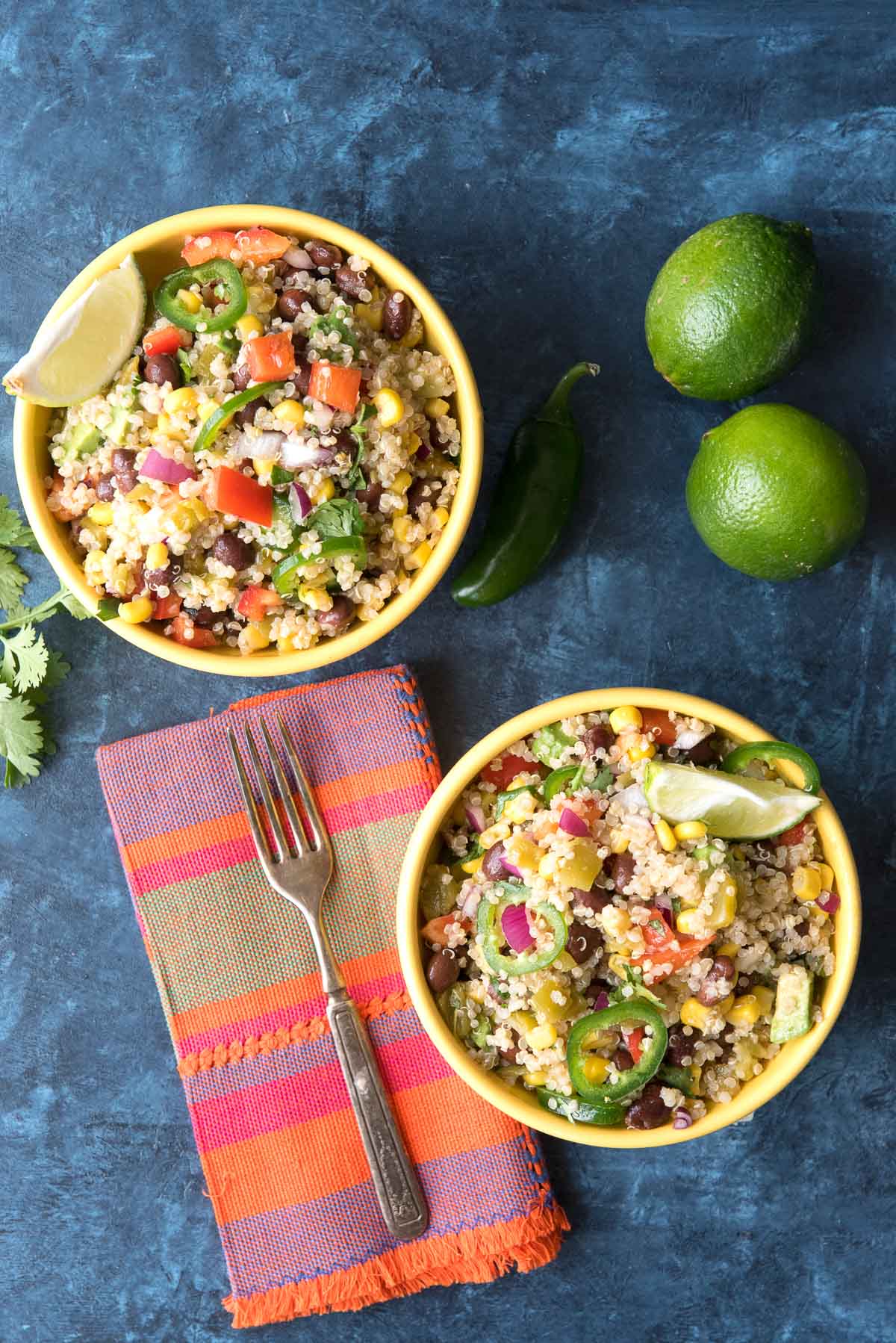 Mexican quinoa in yellow bowl overhead 