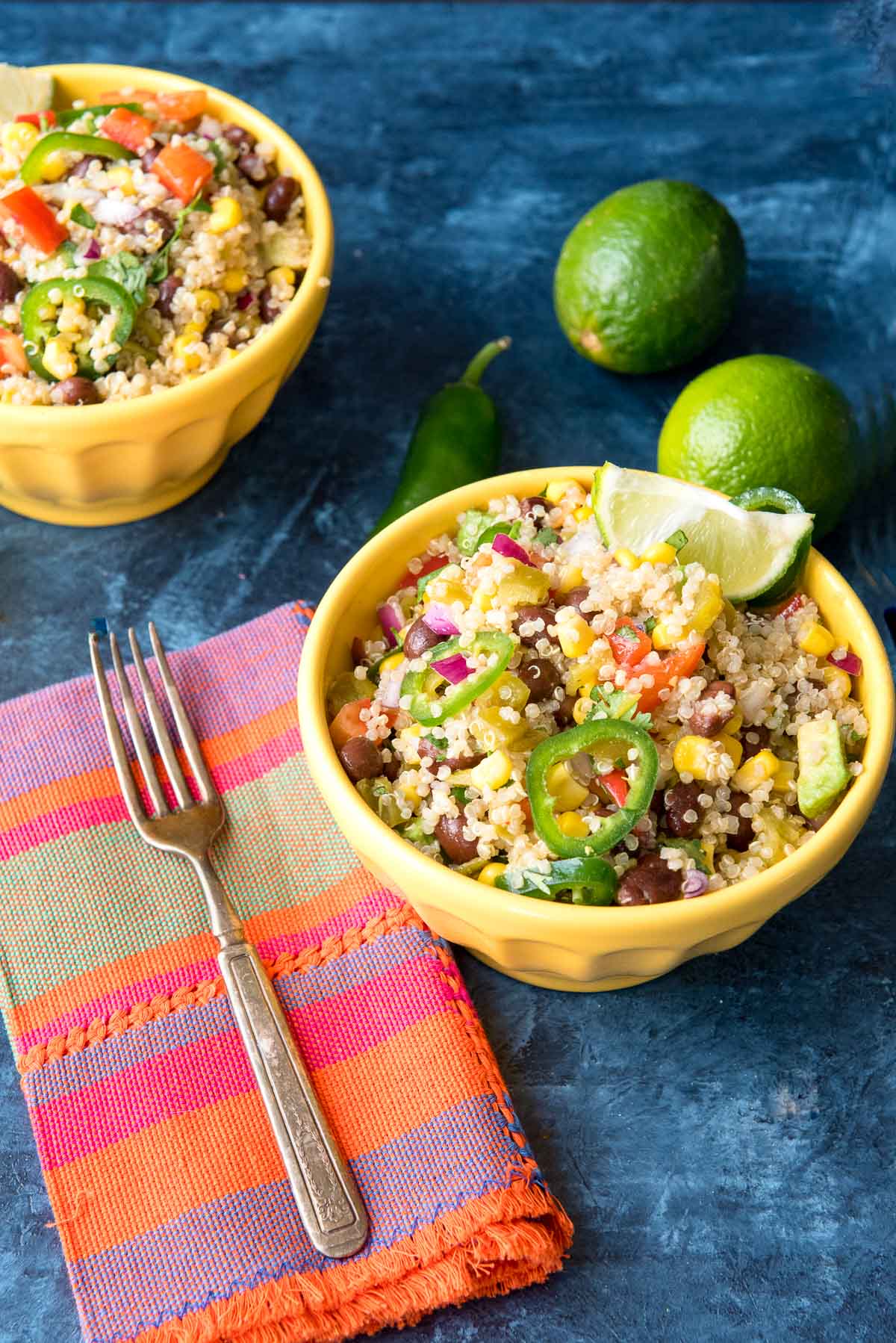 Mexican quinoa in yellow bowl side