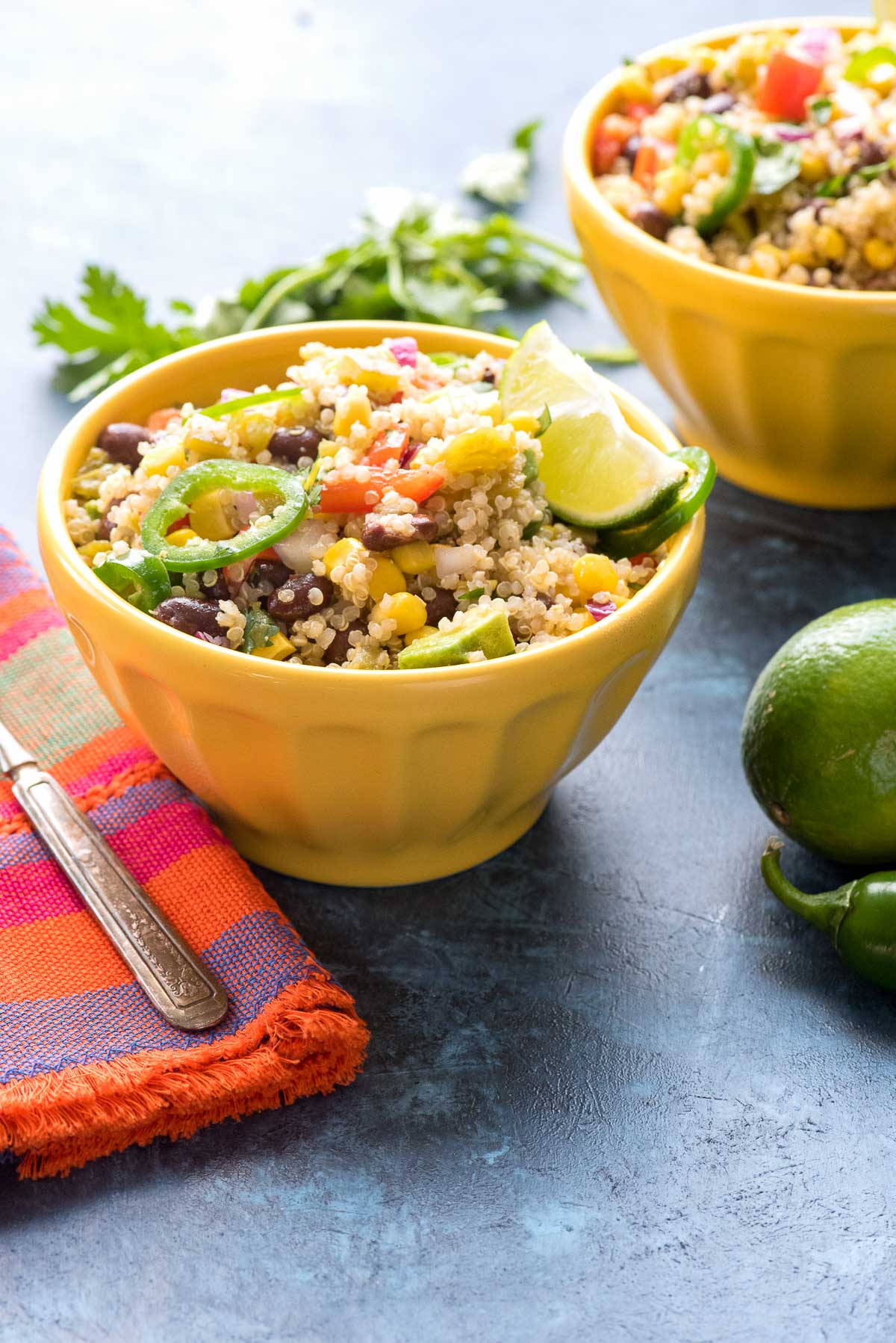 Mexican quinoa in yellow bowl side view