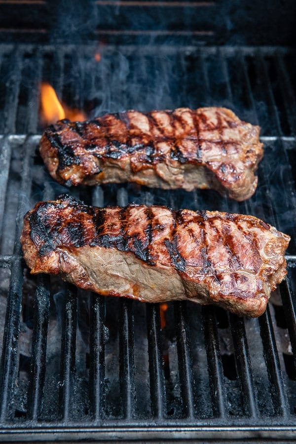 New York Strip steak with grill marks on grill