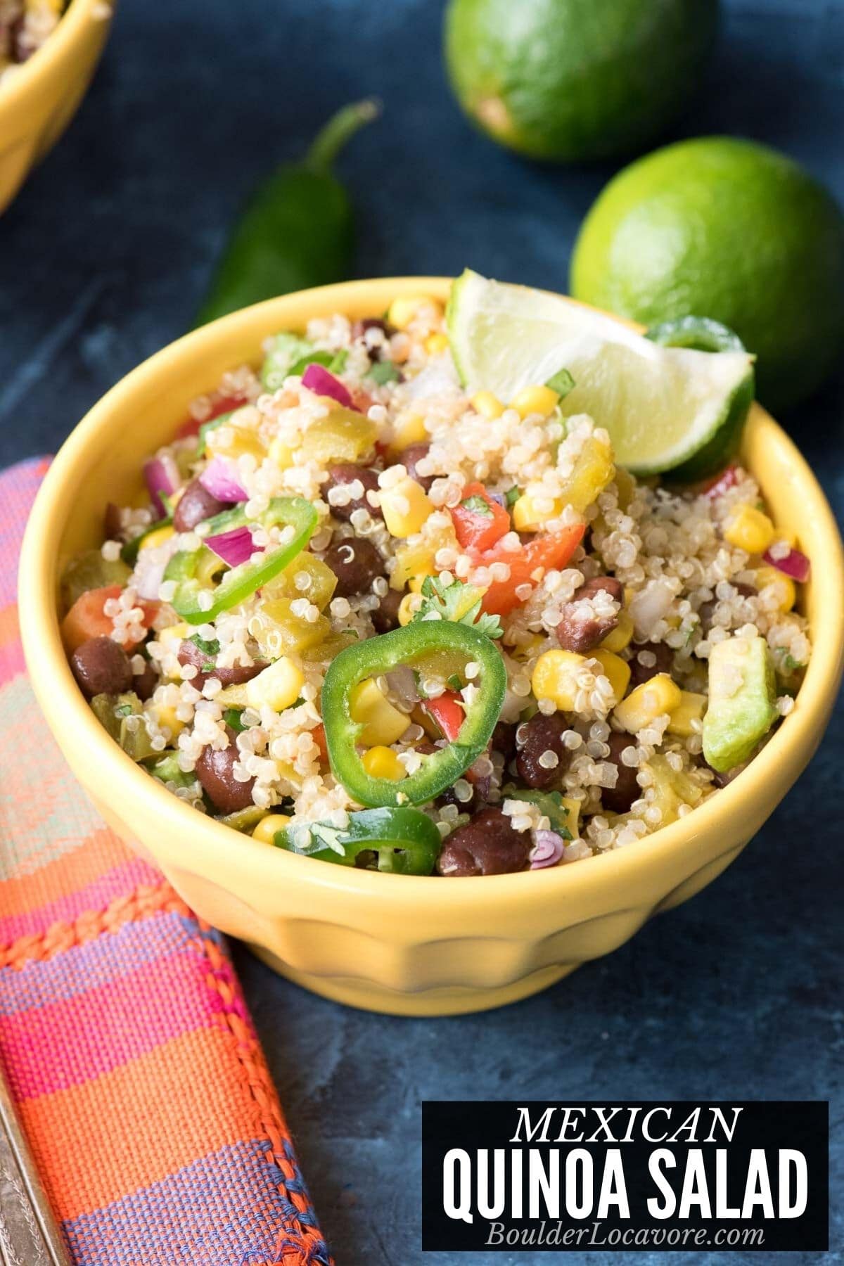 mexican quinoa - salad or side dish in yellow bowl