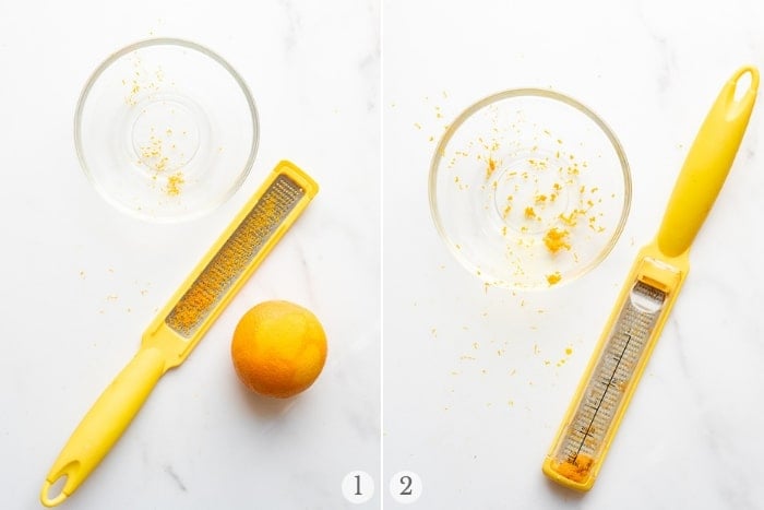 Zesting an orange with a zester and bowl