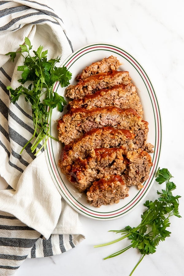 Platter of Instant Pot Meatloaf slices