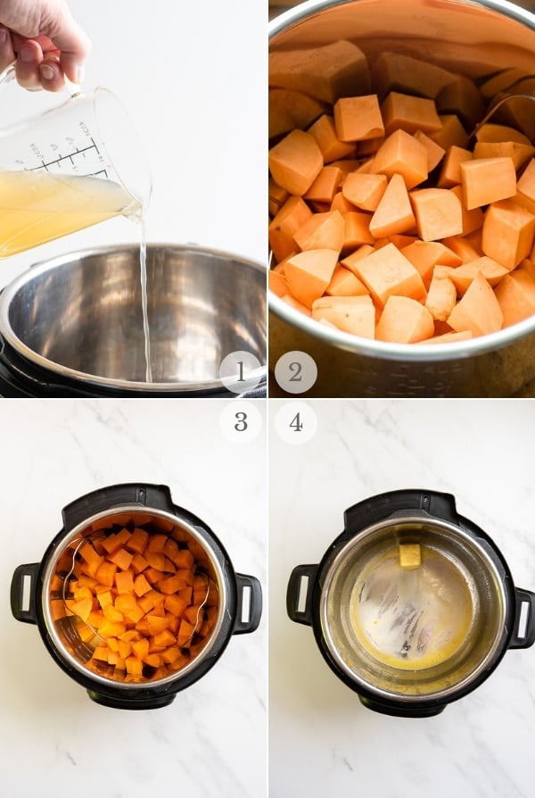 Mashed Instant Pot Sweet Potatoes preparation steps 1-4 collage