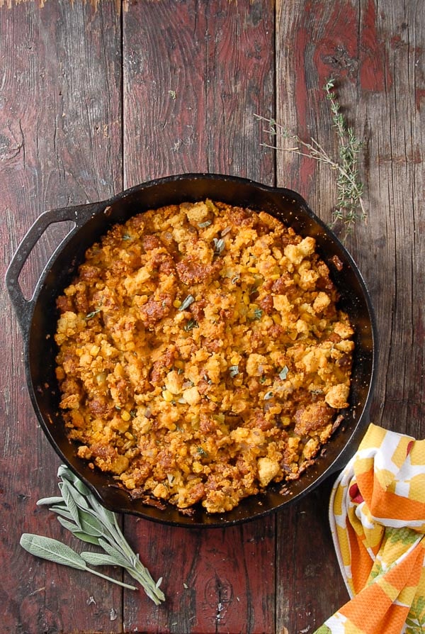 chorizo sage cornbread dressing in cast iron skillet