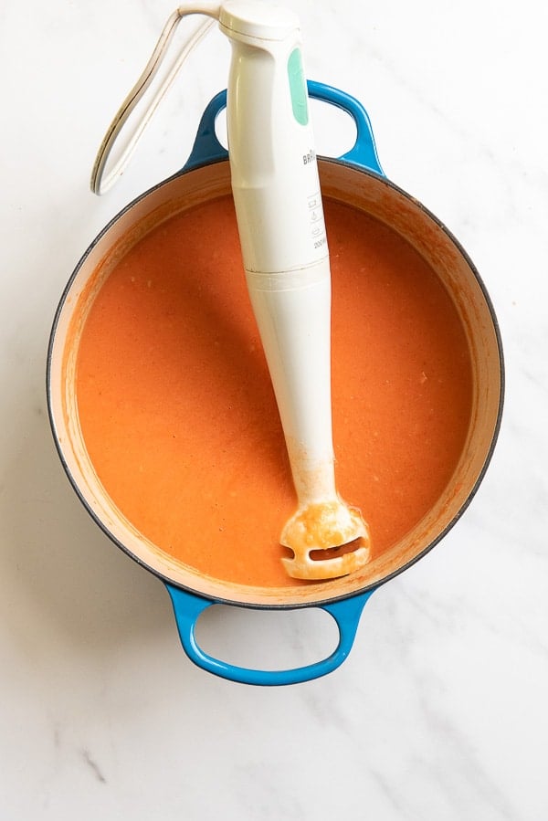 homemade tomato soup with immersion blender