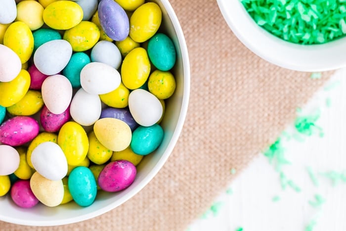 Pastel peanut butter M&Ms candy in a bowl