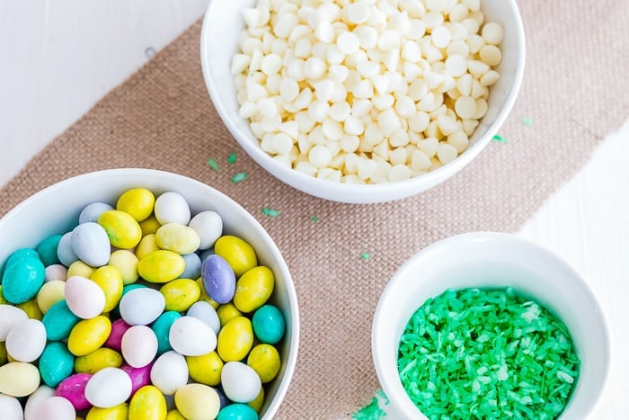 Pastel M&Ms, white chocolate chips and green shredded coconut